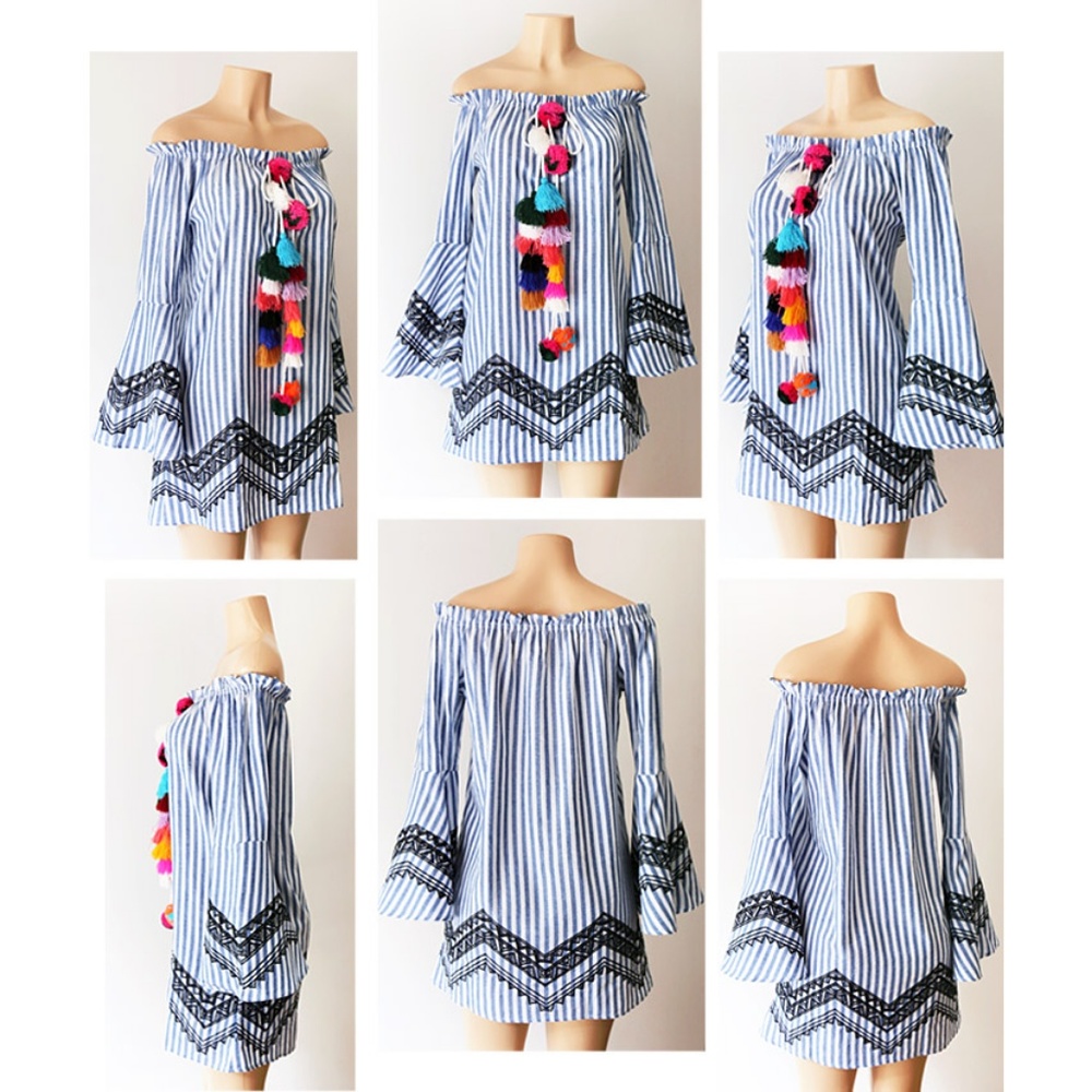 Blue Stripe Pom Pom Tassel Bell Off Shoulder Dress - Picture 7 of 8